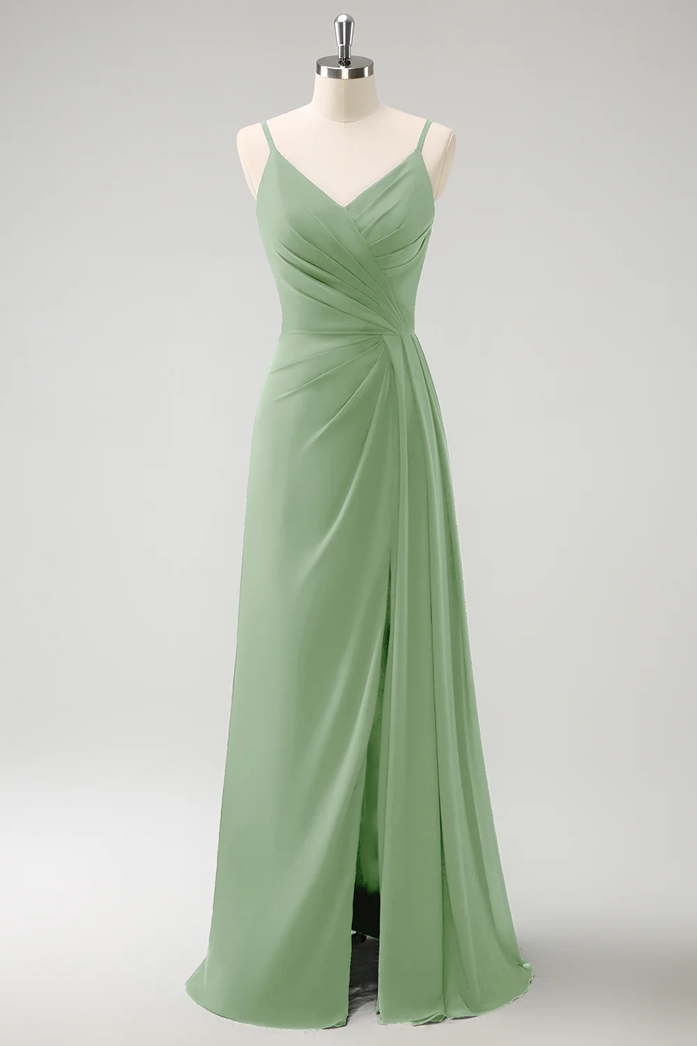 Dark Green Spaghetti Straps Ruche Long Bridesmaid Dress with Slit - Image 15