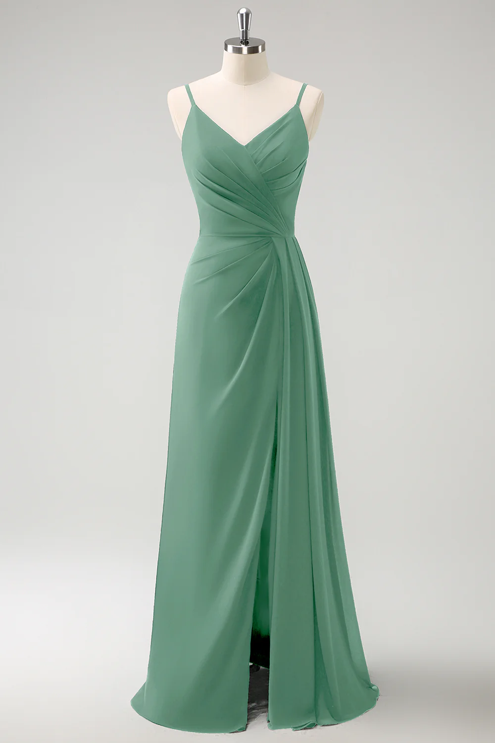Dark Green Spaghetti Straps Ruche Long Bridesmaid Dress with Slit - Image 17