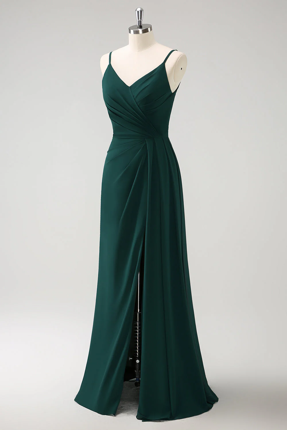 Dark Green Spaghetti Straps Ruche Long Bridesmaid Dress with Slit - Image 3