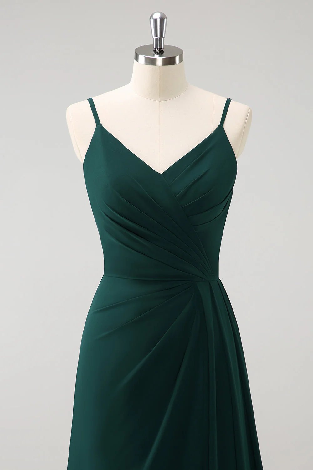 Dark Green Spaghetti Straps Ruche Long Bridesmaid Dress with Slit - Image 4