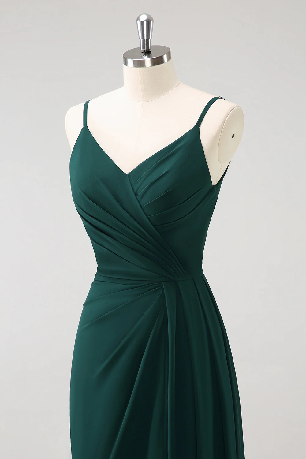 Dark Green Spaghetti Straps Ruche Long Bridesmaid Dress with Slit - Image 6
