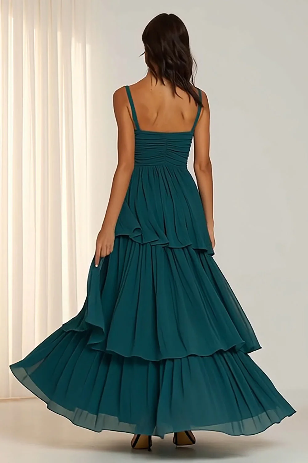 Dark Green Spaghetti Straps Ruffled A Line Long Bridesmaid Dress - Image 2