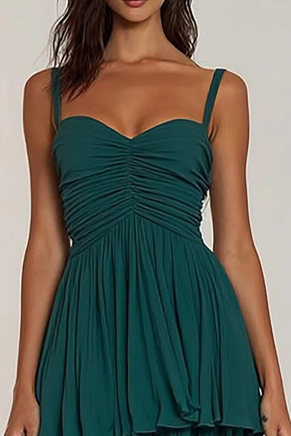 Dark Green Spaghetti Straps Ruffled A Line Long Bridesmaid Dress - Image 3
