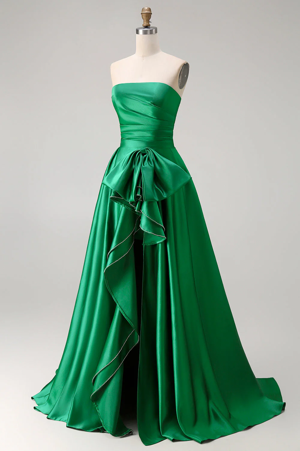 Dark Green Strapless A Line Bowed 2 Piece Long Prom Dress with Slit - Image 3