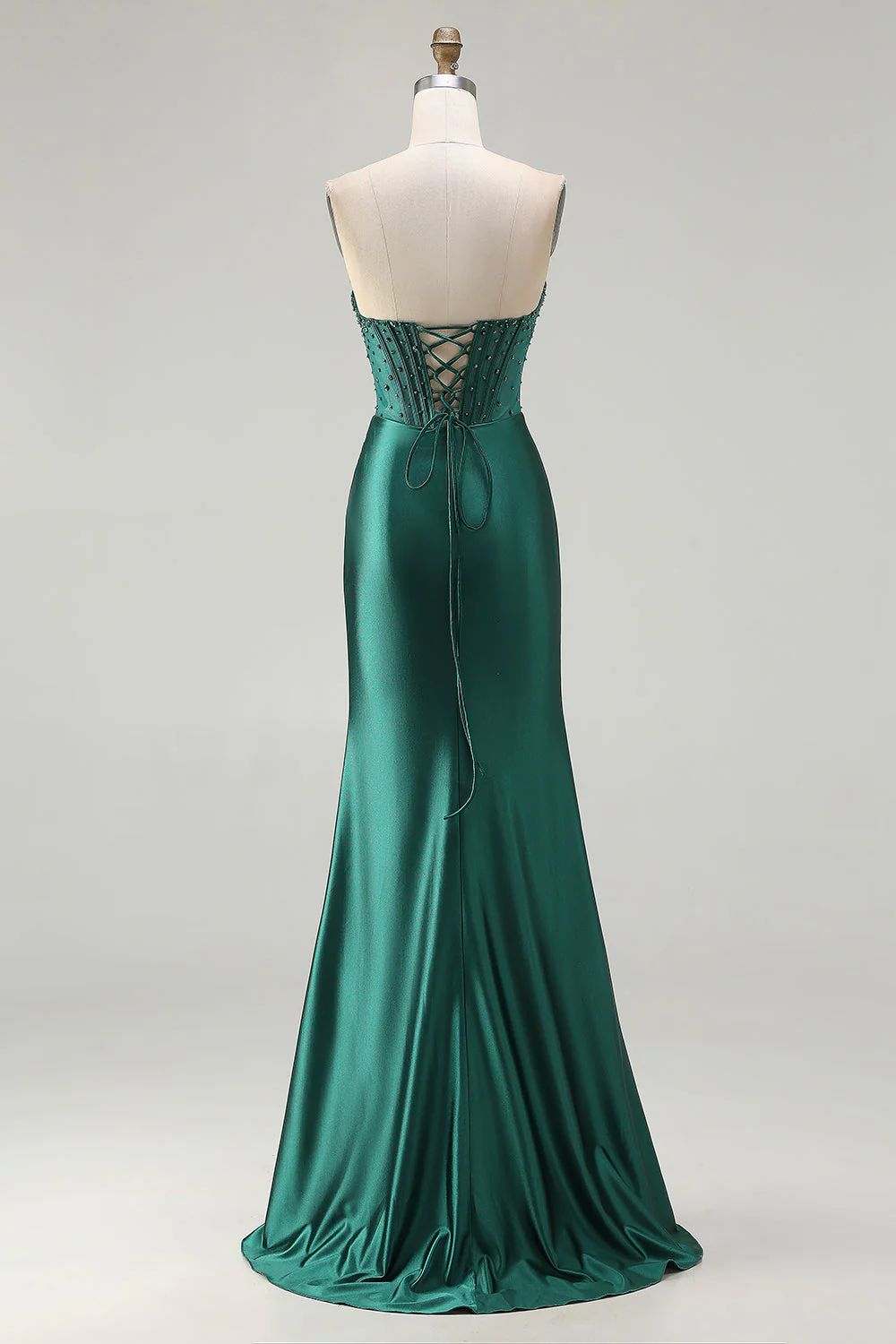 Dark Green Strapless Beaded Corset Long Prom Dress with Slit - Image 2