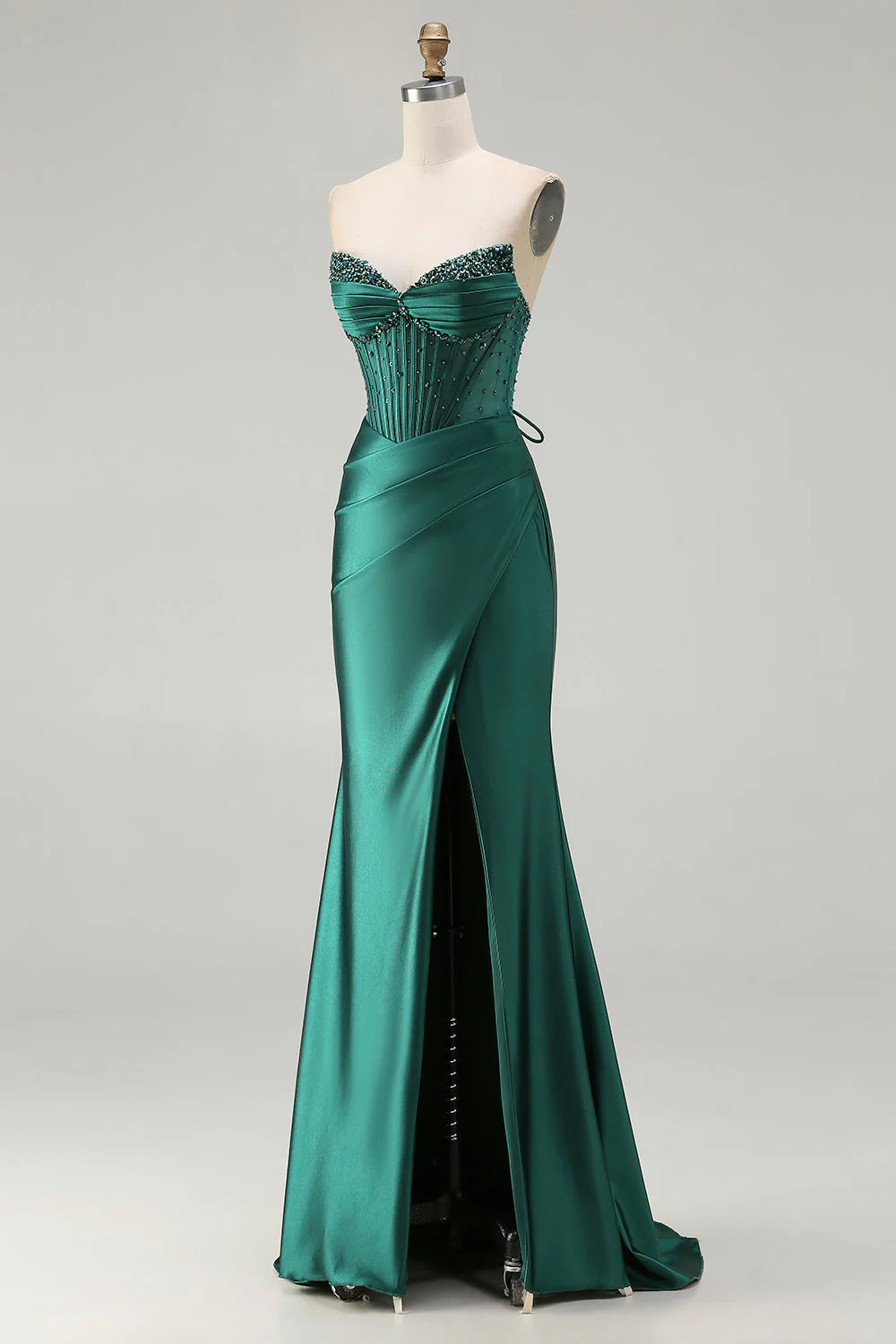 Dark Green Strapless Beaded Corset Long Prom Dress with Slit - Image 3