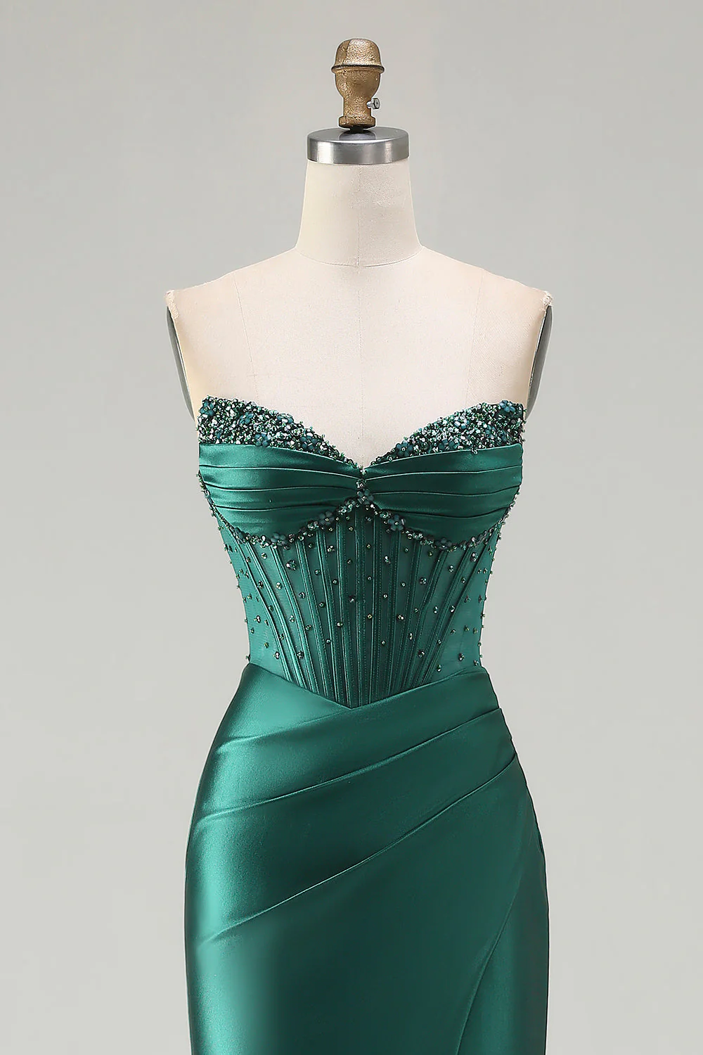 Dark Green Strapless Beaded Corset Long Prom Dress with Slit - Image 4