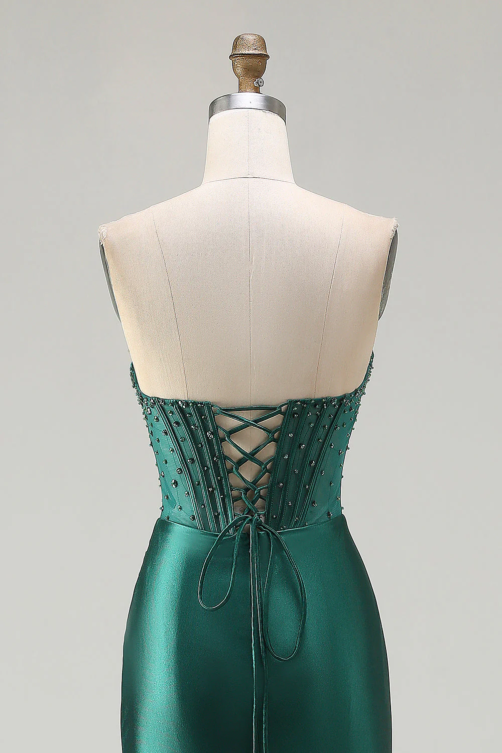 Dark Green Strapless Beaded Corset Long Prom Dress with Slit - Image 5