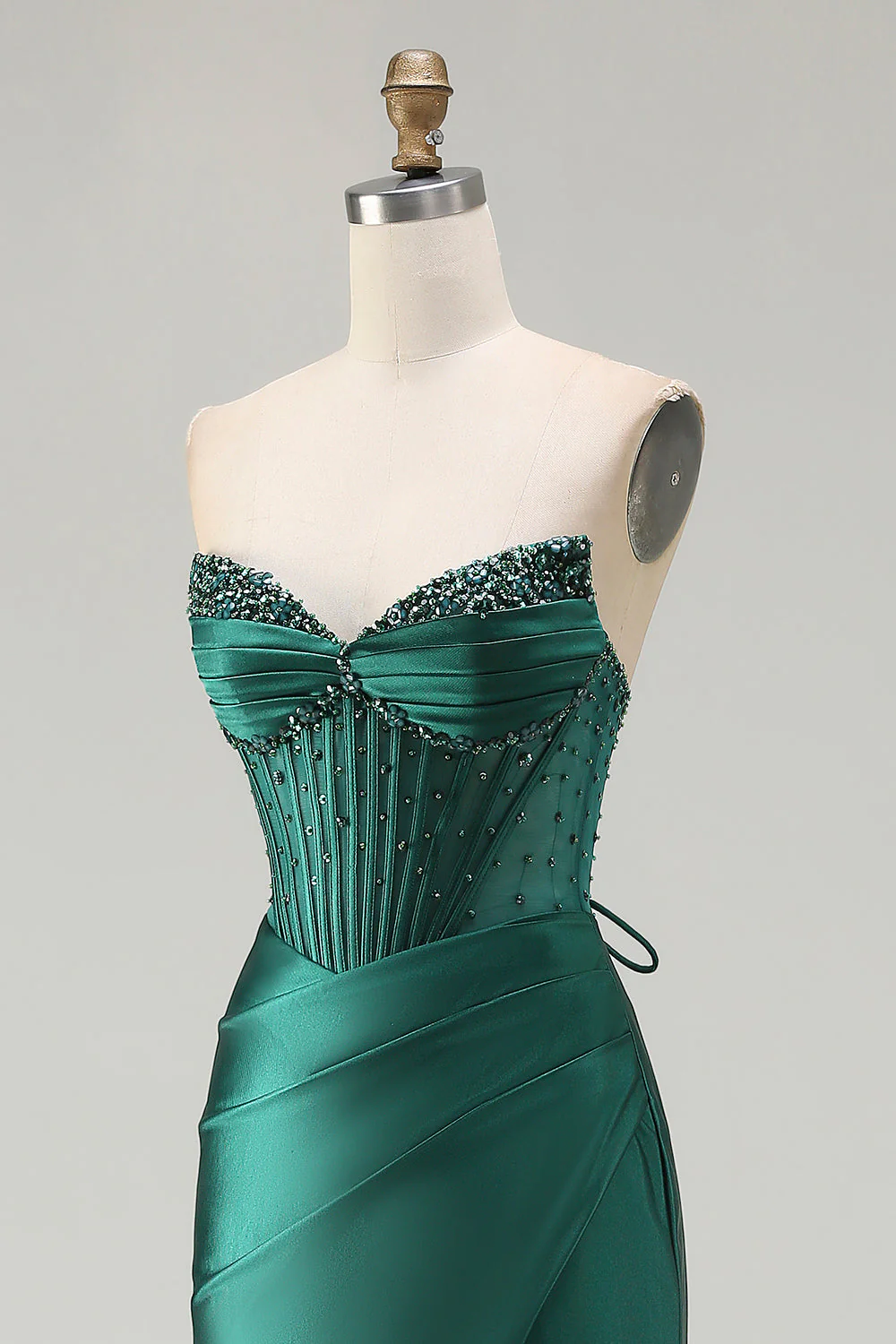 Dark Green Strapless Beaded Corset Long Prom Dress with Slit - Image 6