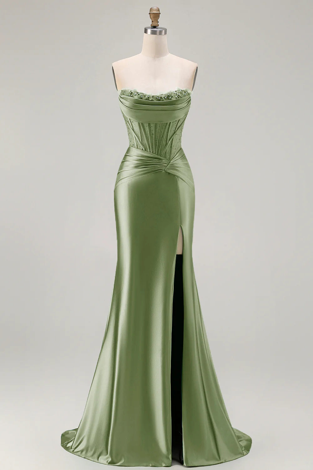 Dark Green Strapless Mermaid Corset Beaded Long Prom Dress with Slit - Image 13
