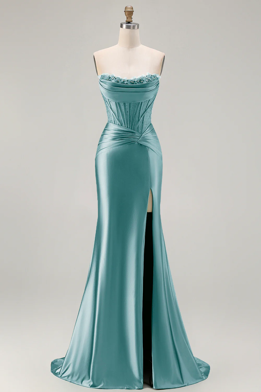 Dark Green Strapless Mermaid Corset Beaded Long Prom Dress with Slit - Image 23