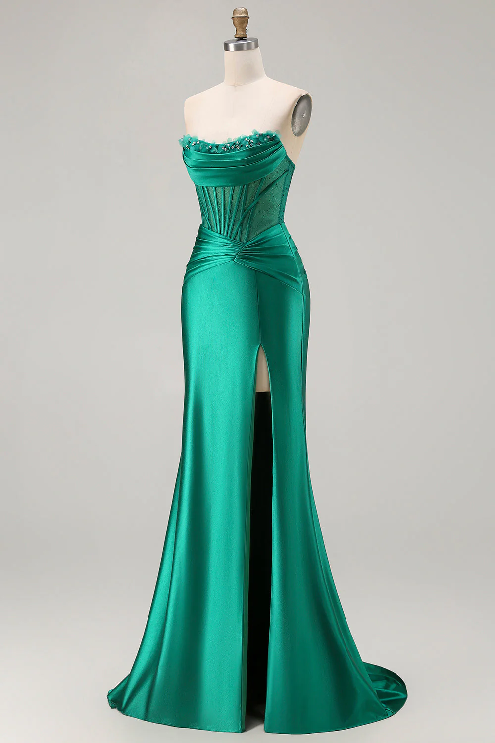 Dark Green Strapless Mermaid Corset Beaded Long Prom Dress with Slit - Image 3