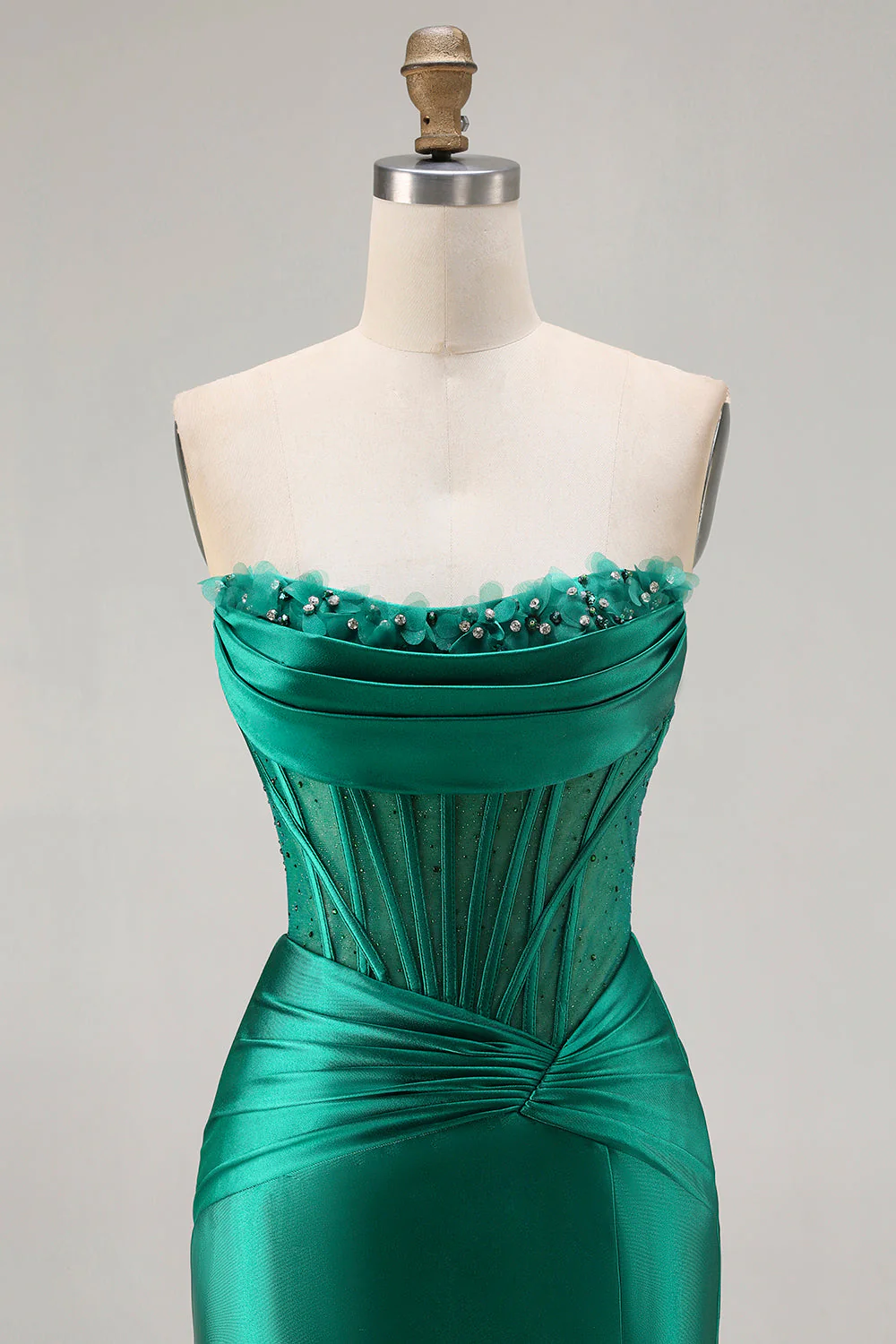 Dark Green Strapless Mermaid Corset Beaded Long Prom Dress with Slit - Image 4