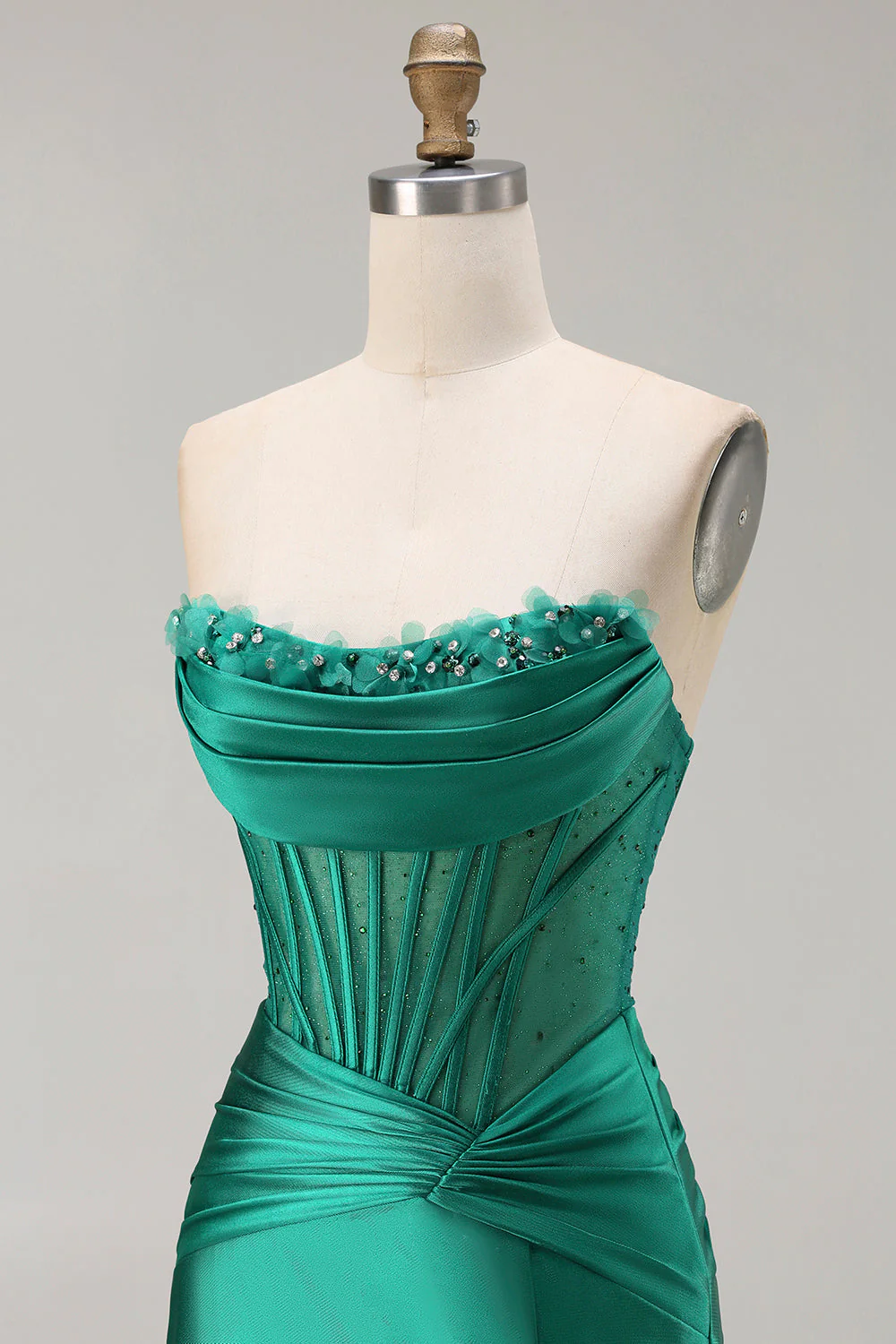Dark Green Strapless Mermaid Corset Beaded Long Prom Dress with Slit - Image 6