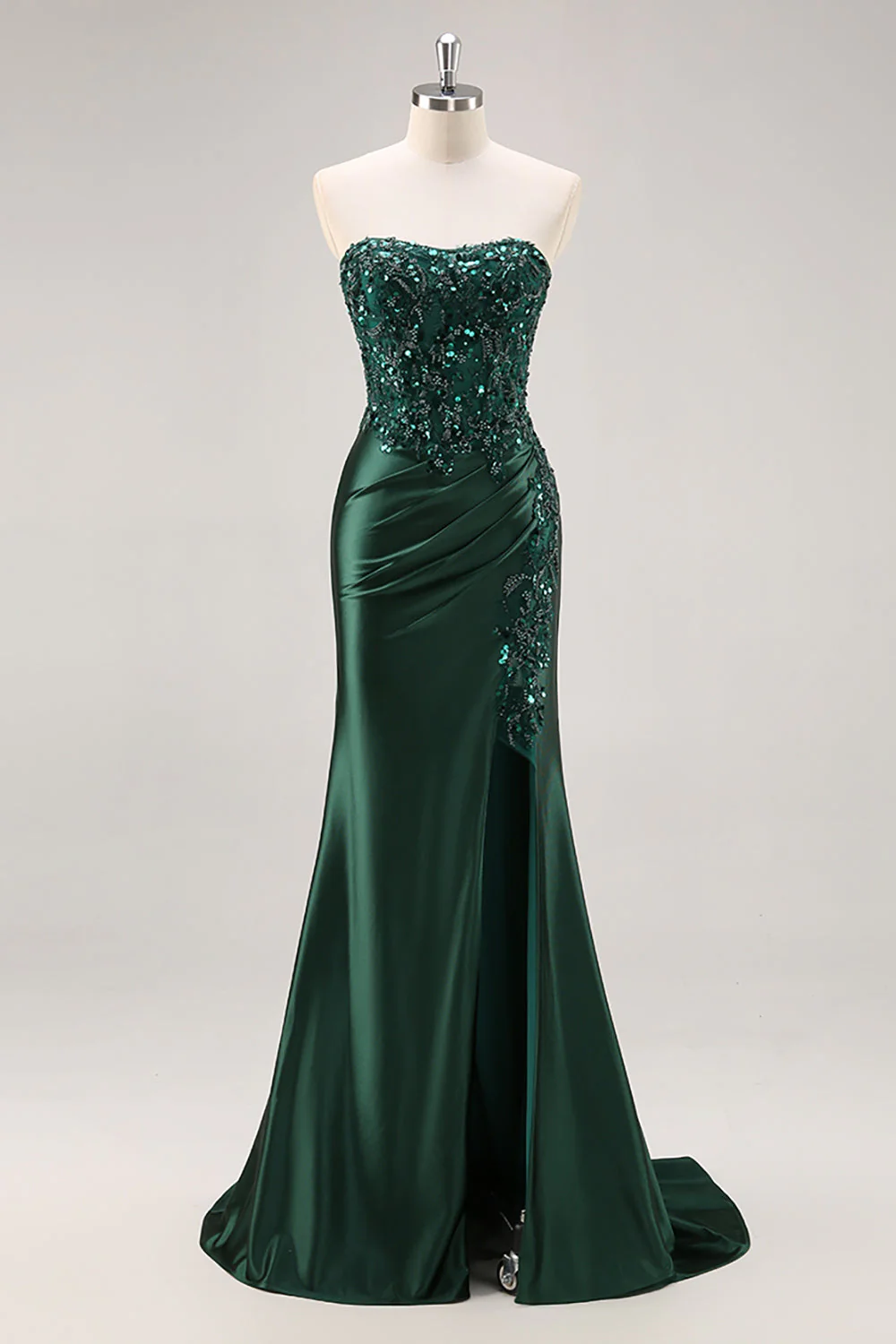 Dark Green Strapless Mermaid Sequin Long Plus Size Prom Dress with Slit - Image 3