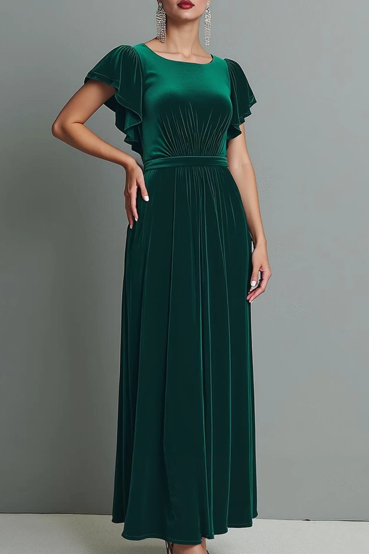 Dark Green Velvet Long Evening Dress with Flutter Sleeves - Image 2