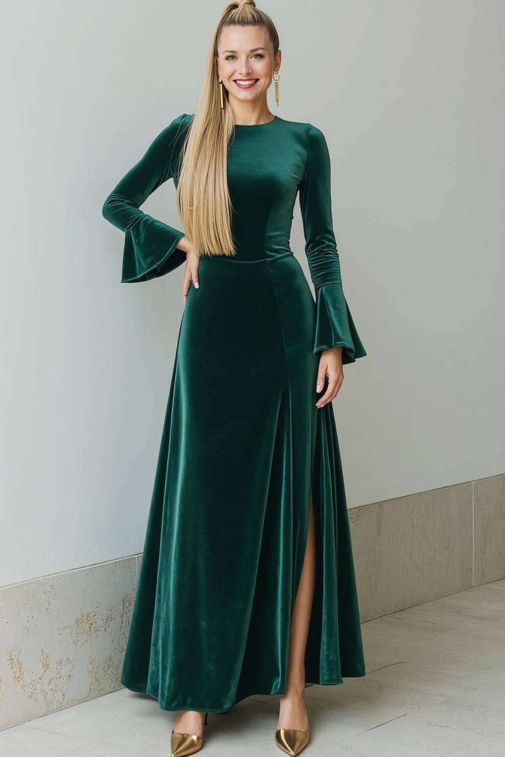 Dark Green Velvet Long Sleeve Evening Dress with Slit - Image 2