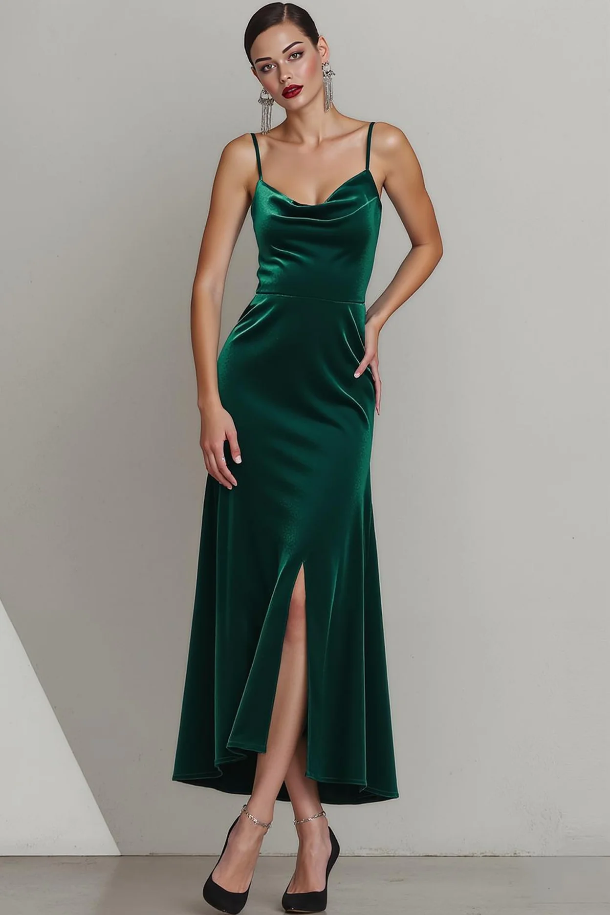 Dark Green Velvet Spaghetti Straps Long Formal Dress with Slit - Image 3