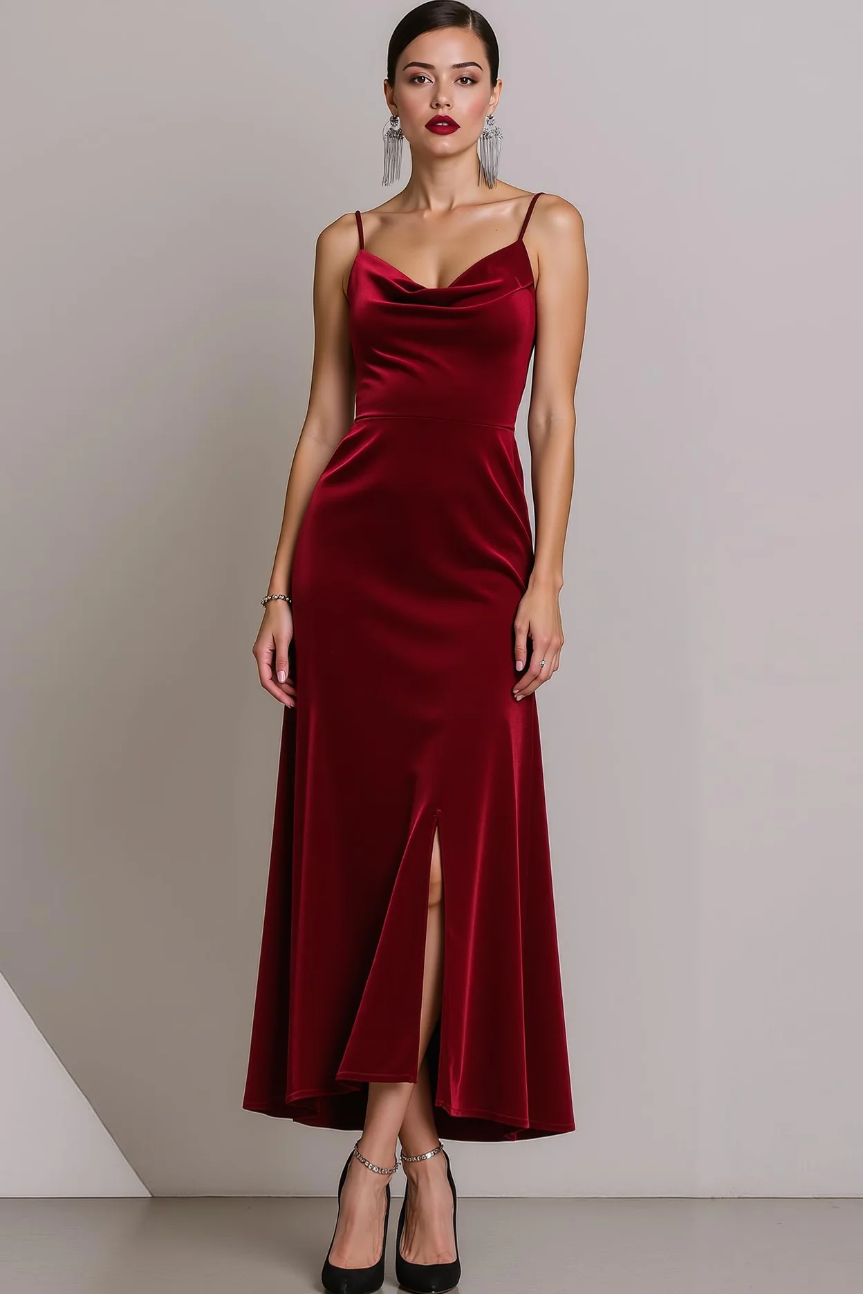 Dark Green Velvet Spaghetti Straps Long Formal Dress with Slit - Image 4