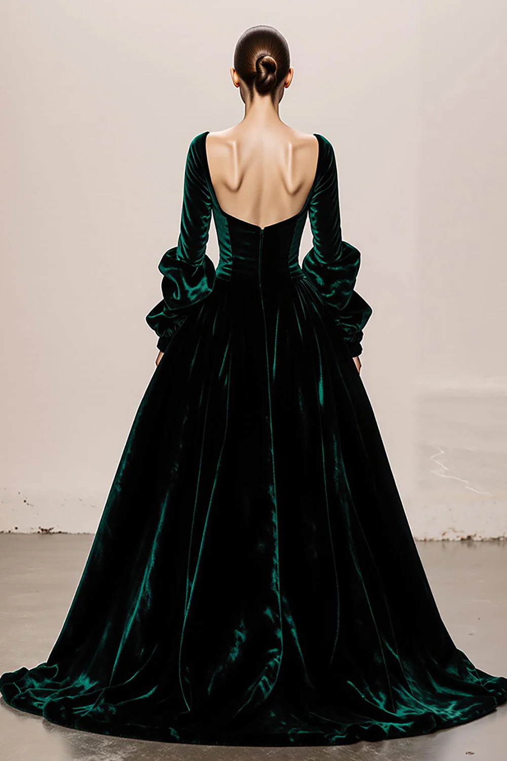 Dark Green Velvet Square Neck A-Line Long Evening Dress with Long Sleeves - Image 2
