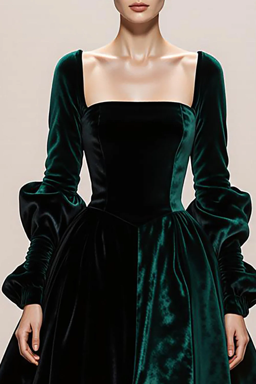 Dark Green Velvet Square Neck A-Line Long Evening Dress with Long Sleeves - Image 3