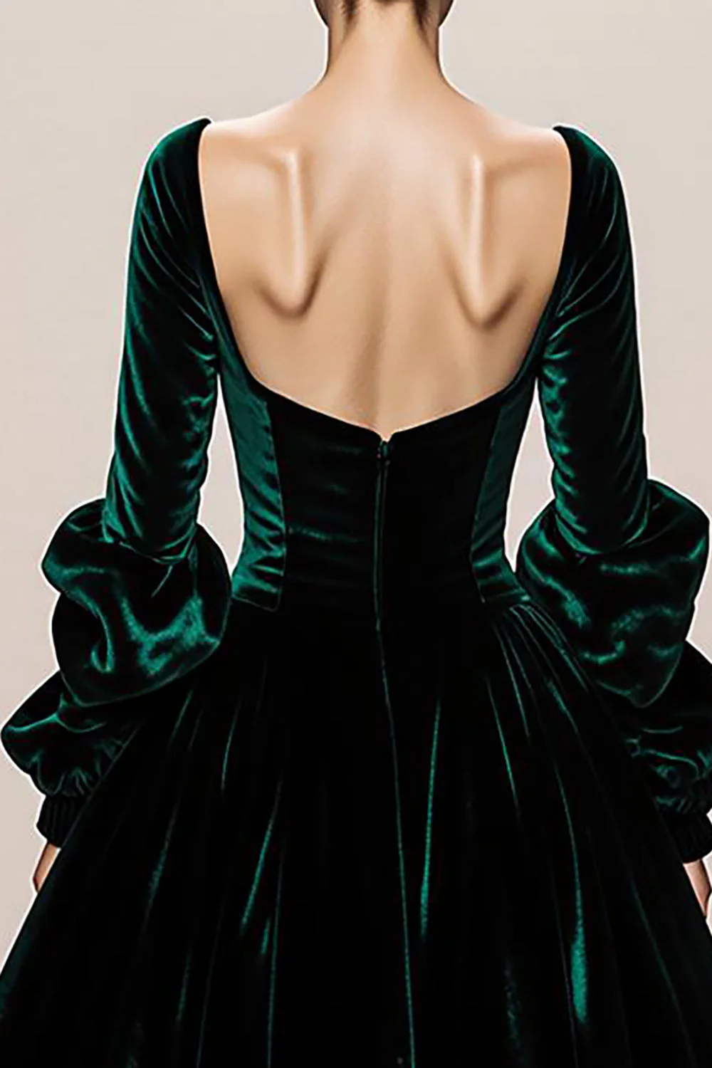 Dark Green Velvet Square Neck A-Line Long Evening Dress with Long Sleeves - Image 4