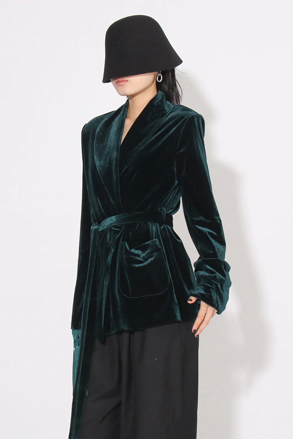 Dark Green Velvet Women Coat with Belt - Image 3