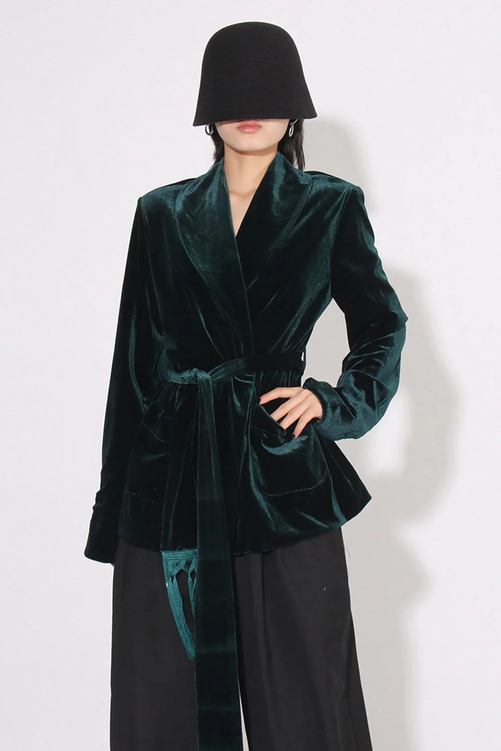Dark Green Velvet Women Coat with Belt - Image 4