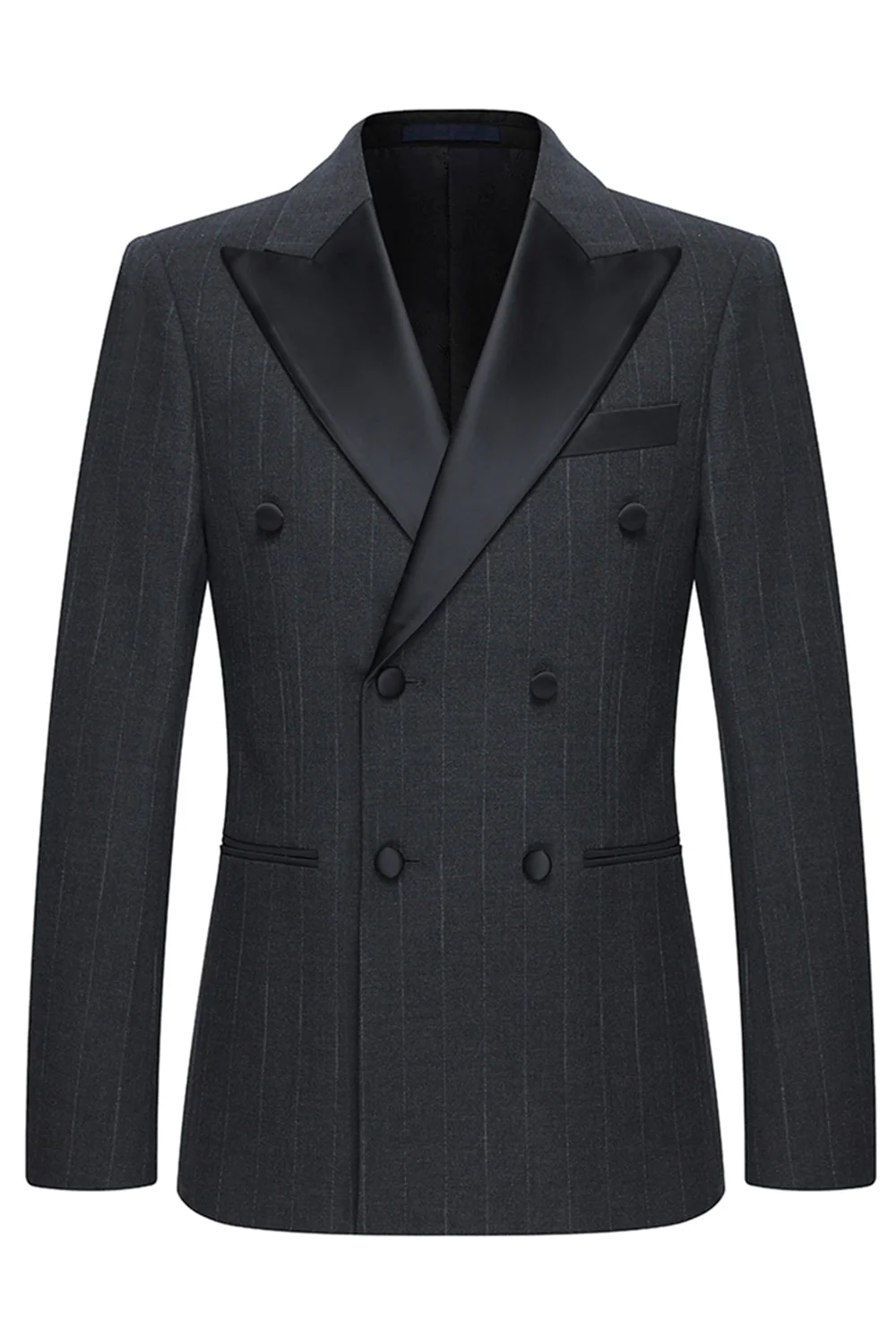 Dark Grey 2 Piece Peak Lapel Double Breasted Striped Men's Suits - Image 2