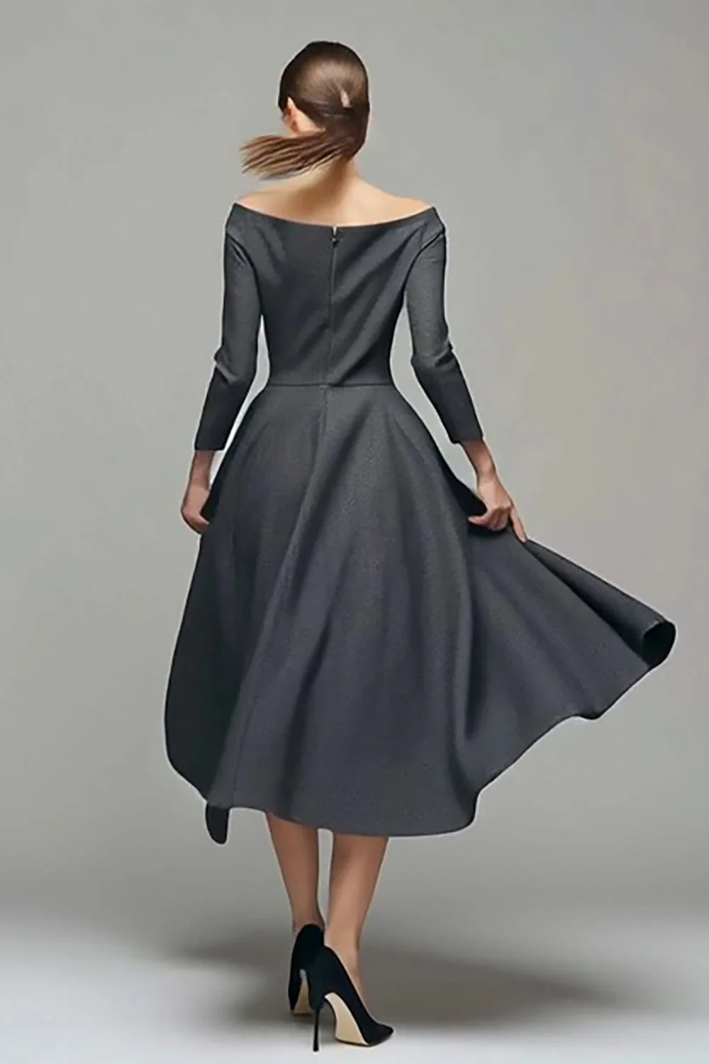 Dark Grey A Line Bateau Neck Work Dress with Long Sleeves - Image 2
