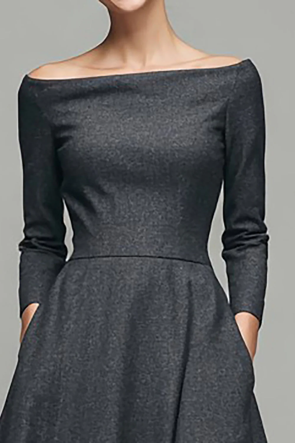 Dark Grey A Line Bateau Neck Work Dress with Long Sleeves - Image 3