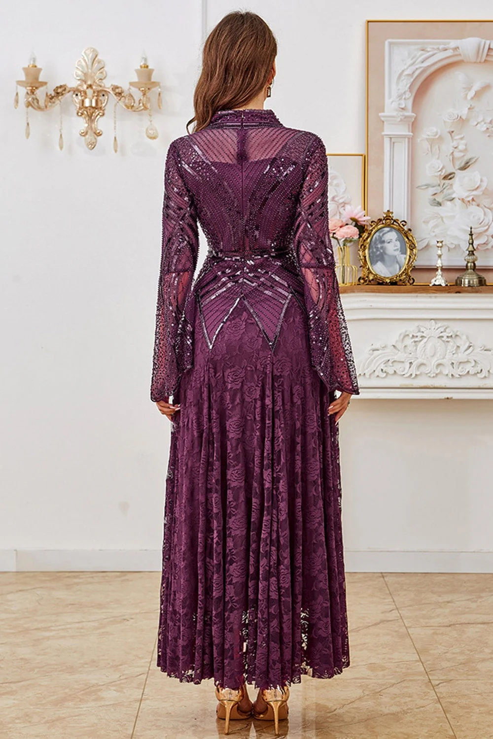 Dark Purple Beaded A Line Mother of the Bride Dress with Long Sleeves - Image 2