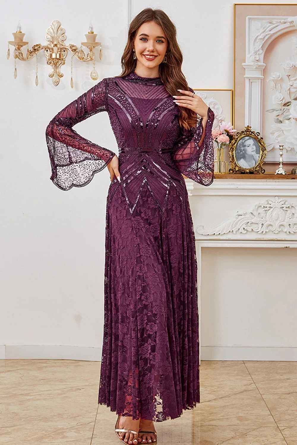 Dark Purple Beaded A Line Mother of the Bride Dress with Long Sleeves - Image 3
