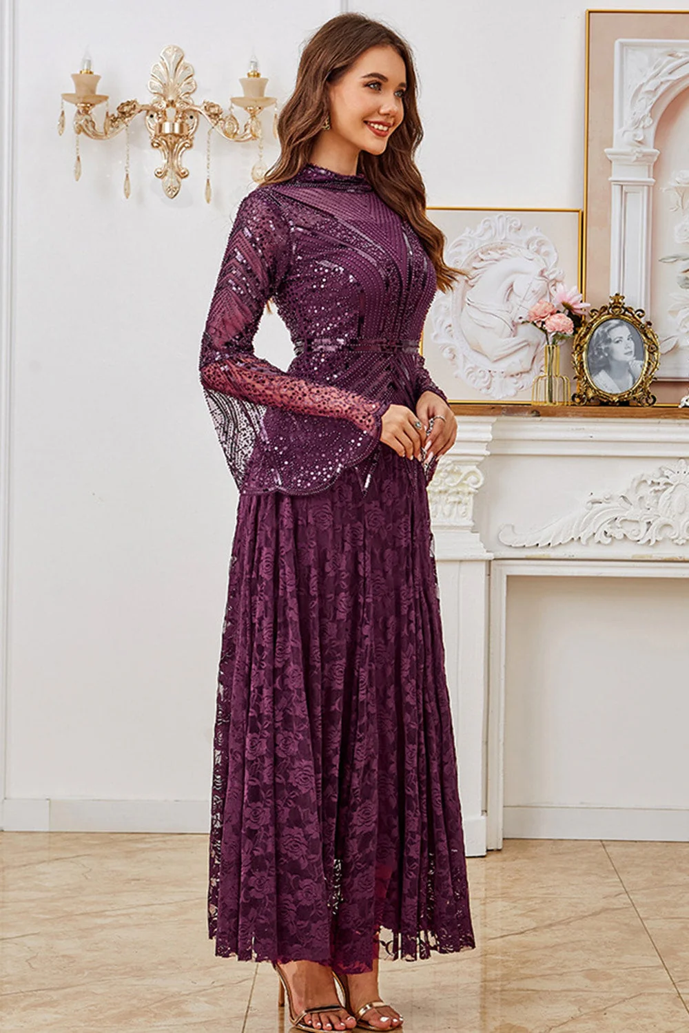 Dark Purple Beaded A Line Mother of the Bride Dress with Long Sleeves - Image 4