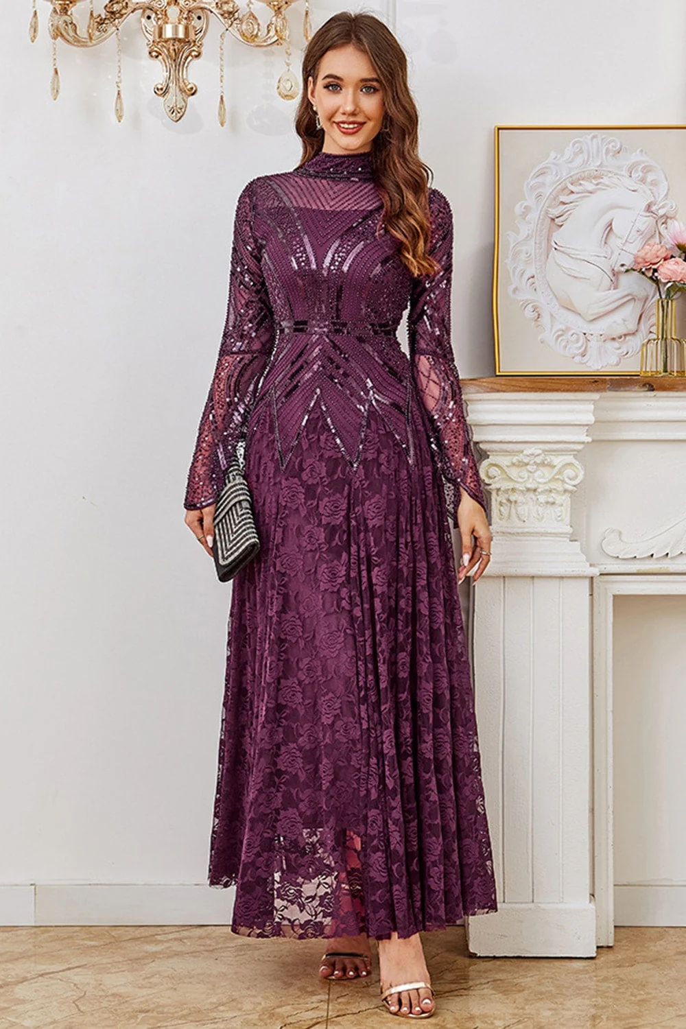 Dark Purple Beaded A Line Mother of the Bride Dress with Long Sleeves - Image 5
