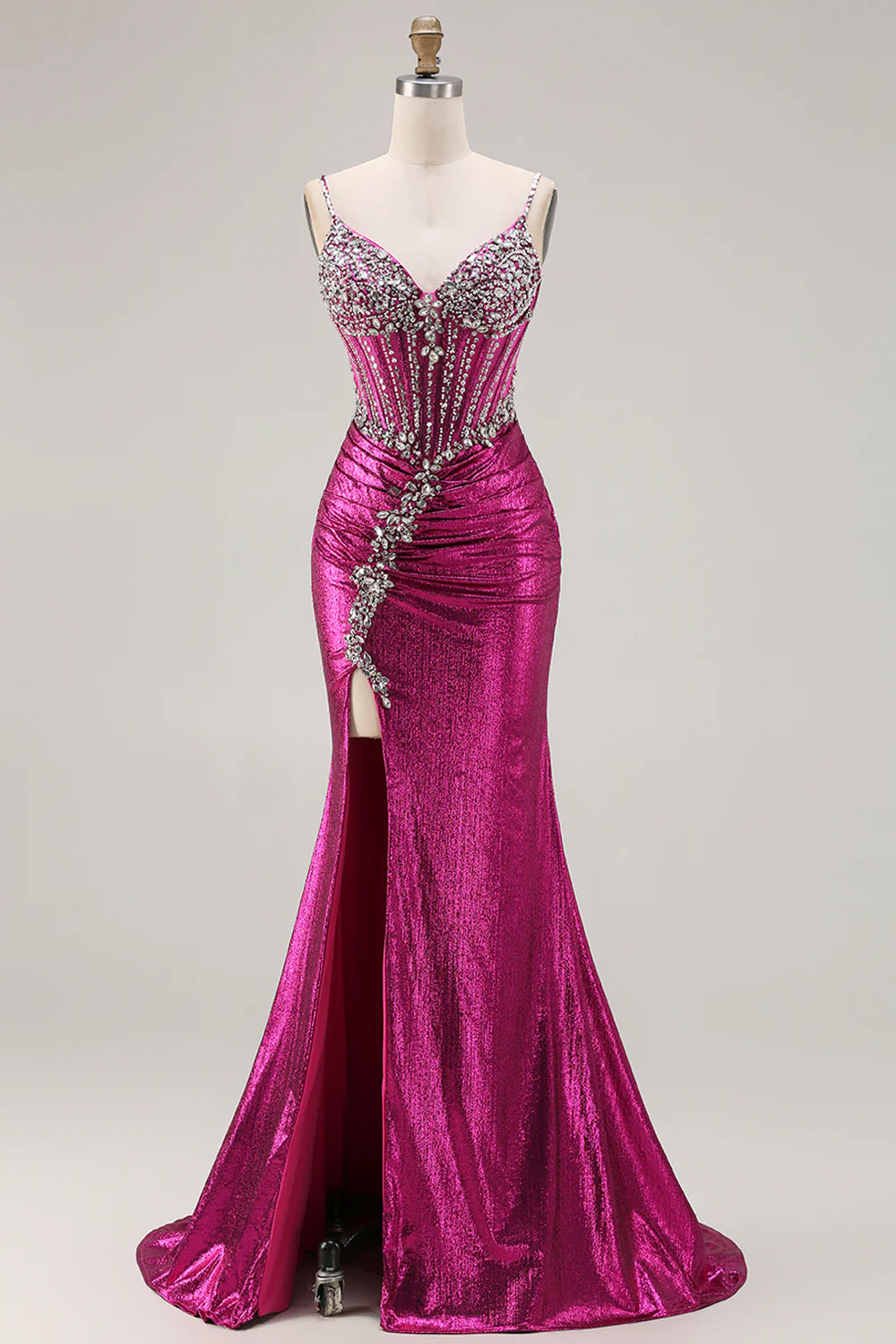 Sparkly Golden Mermaid Beaded Corset Lace Up Back Long Prom Dress with Slit - Image 13