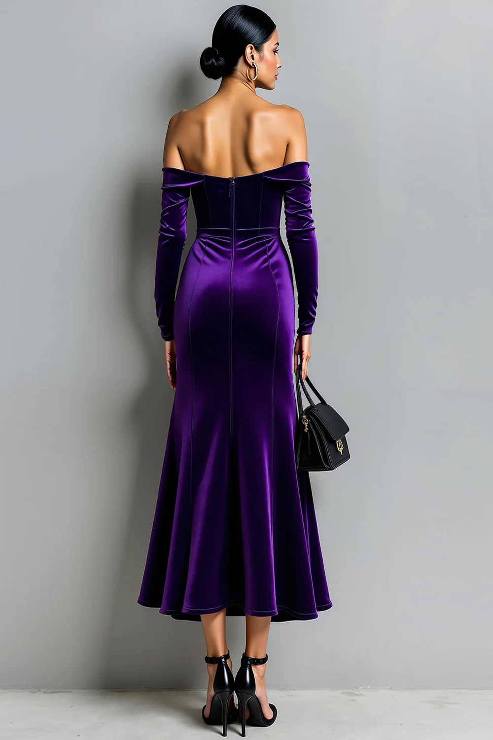 Dark Purple Mermaid Off the Shoulder Velvet Long Evening Dress - Image 2