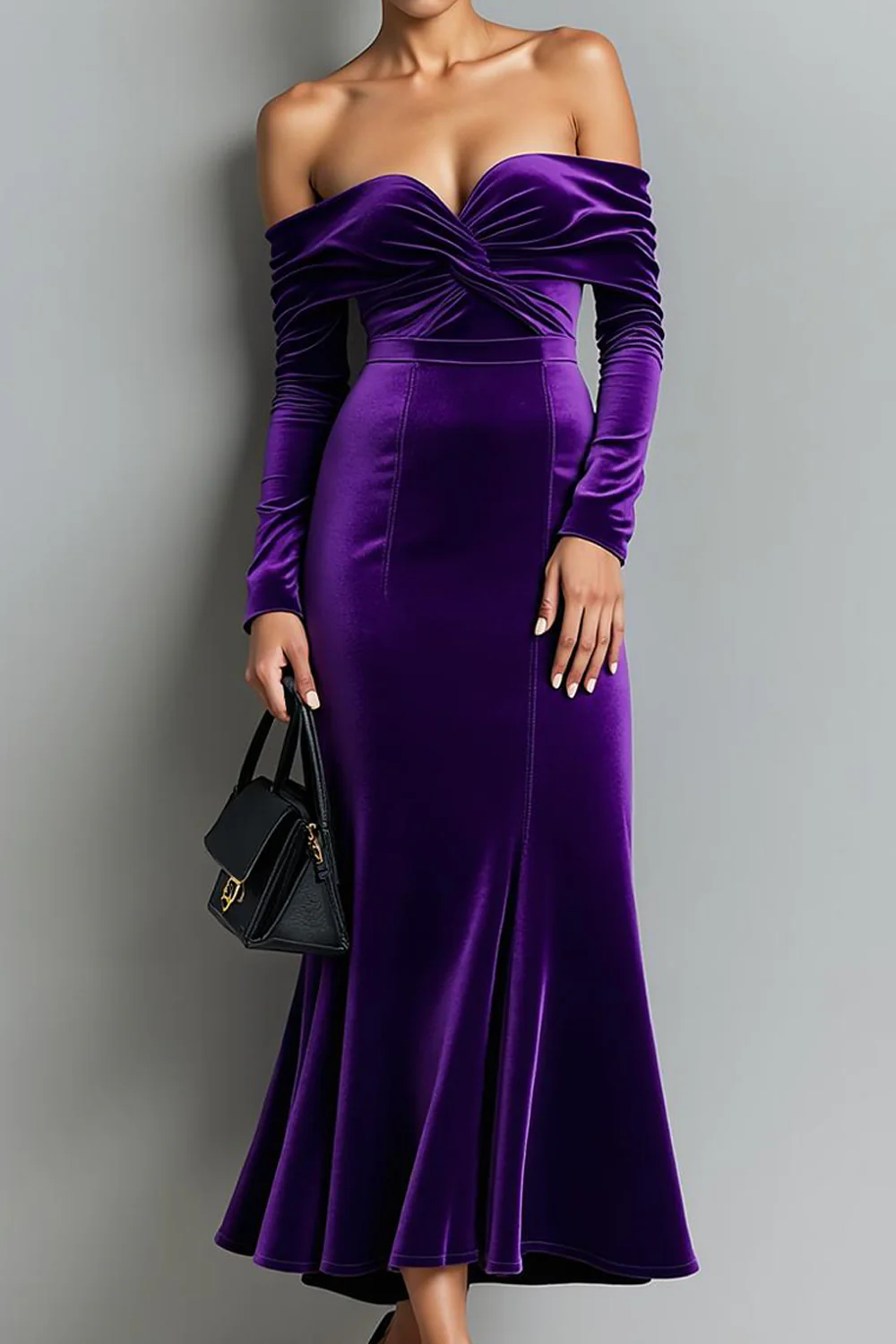 Dark Purple Mermaid Off the Shoulder Velvet Long Evening Dress - Image 3