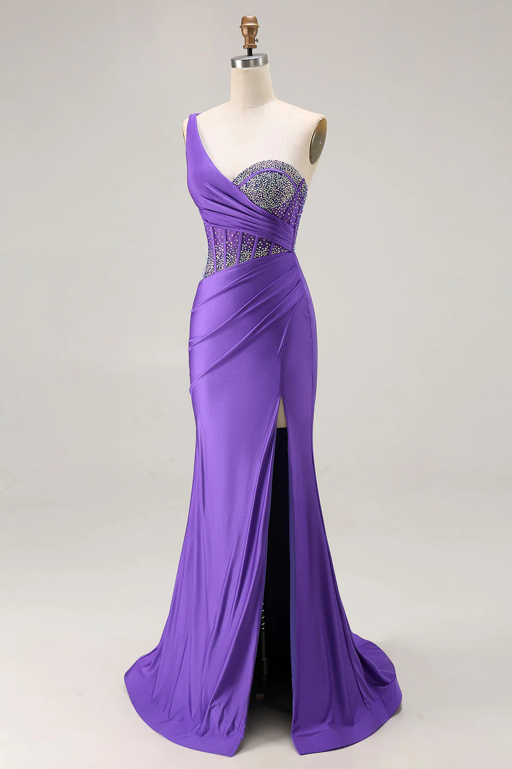 Dark Purple Mermaid One Shoulder Corset Long Prom Dress With Beading - Image 3
