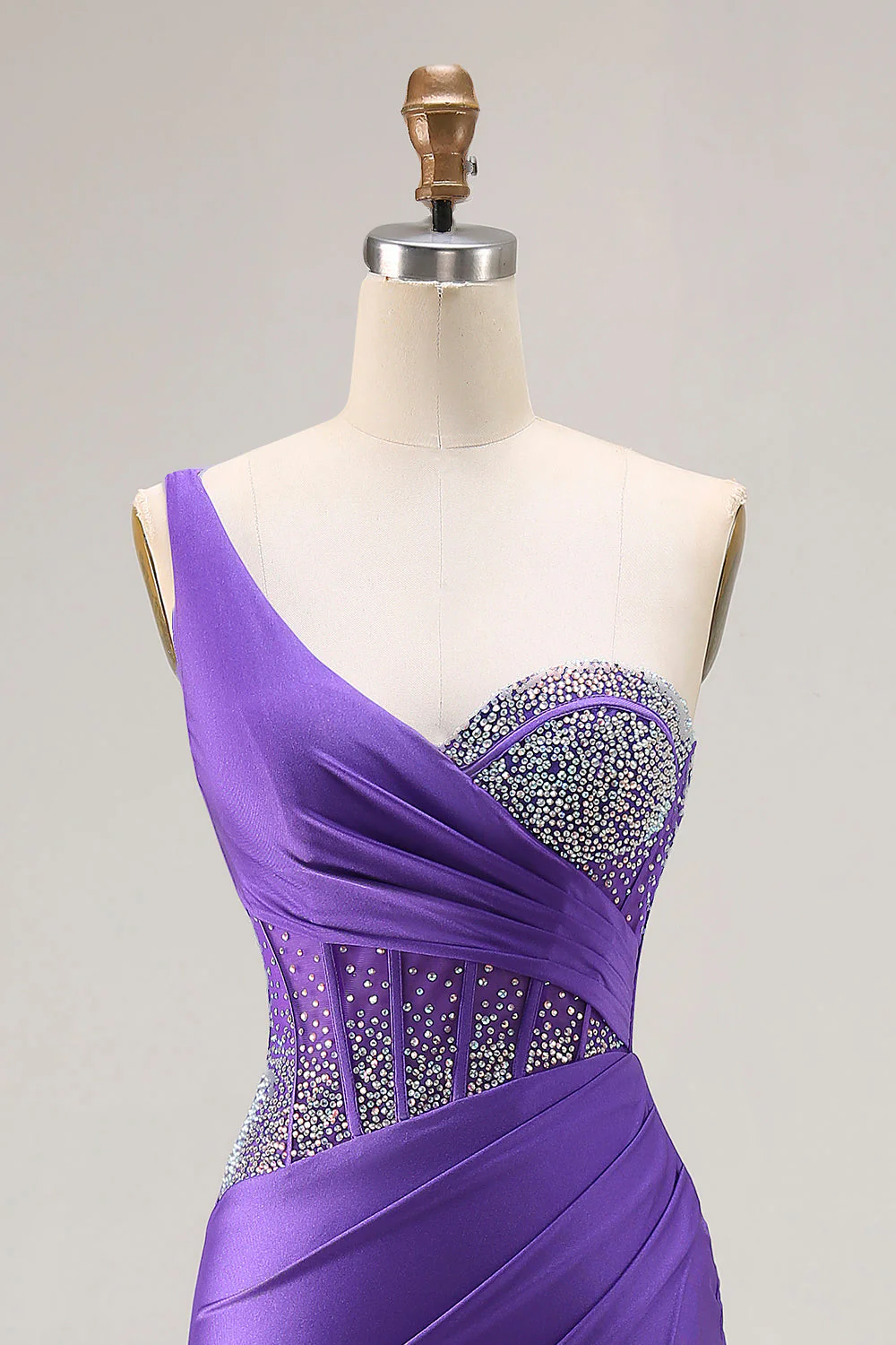 Dark Purple Mermaid One Shoulder Corset Long Prom Dress With Beading - Image 4