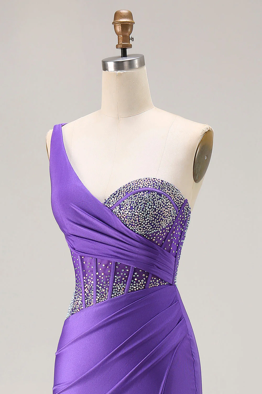 Dark Purple Mermaid One Shoulder Corset Long Prom Dress With Beading - Image 6