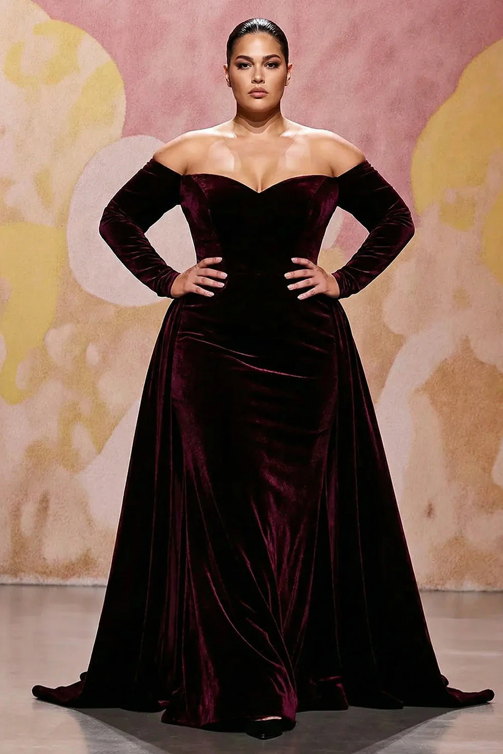 Dark Red A Line Velvet Off The Shoulder Plus Size Maxi Dress with Long Sleeves - Image 3