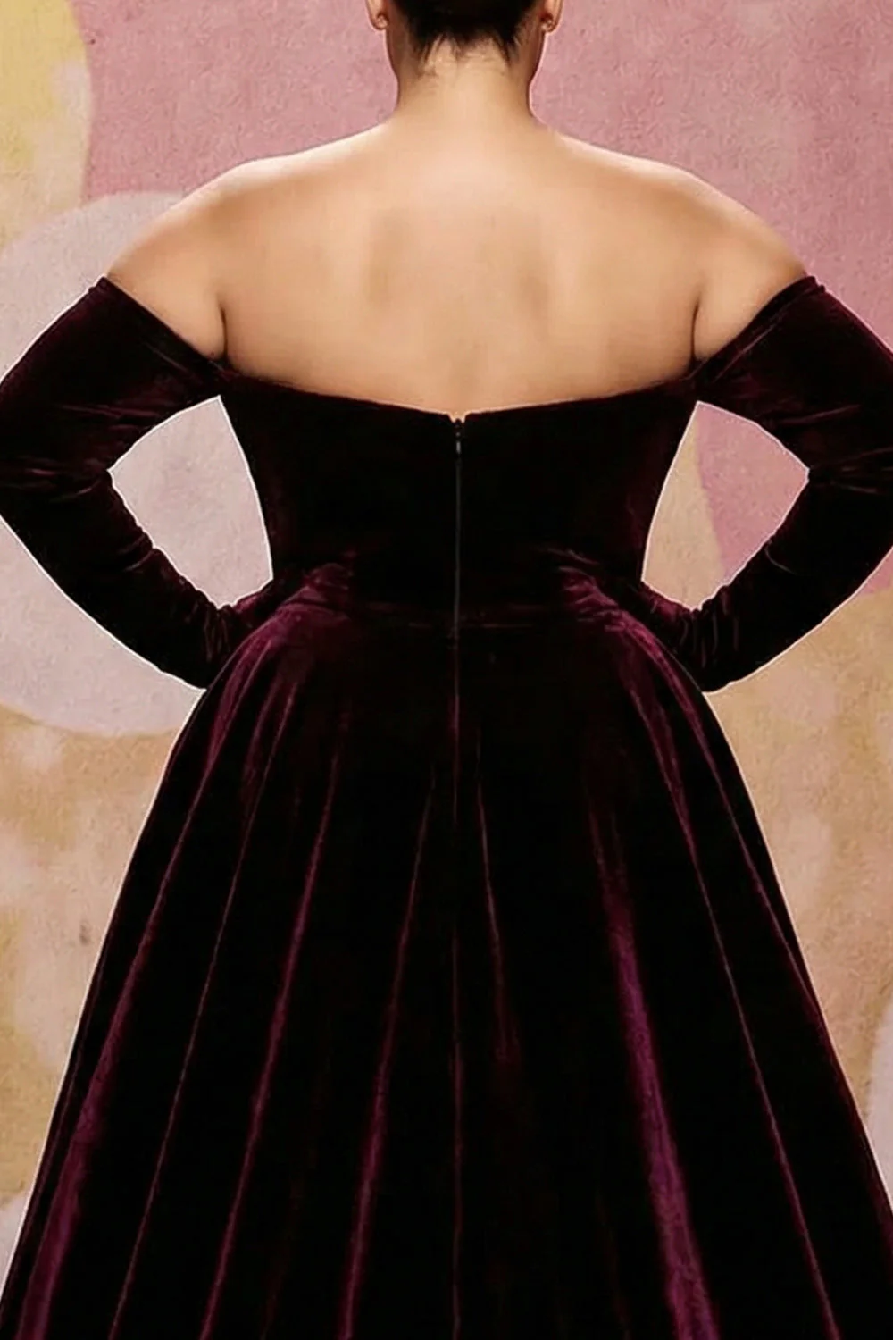 Dark Red A Line Velvet Off The Shoulder Plus Size Maxi Dress with Long Sleeves - Image 5