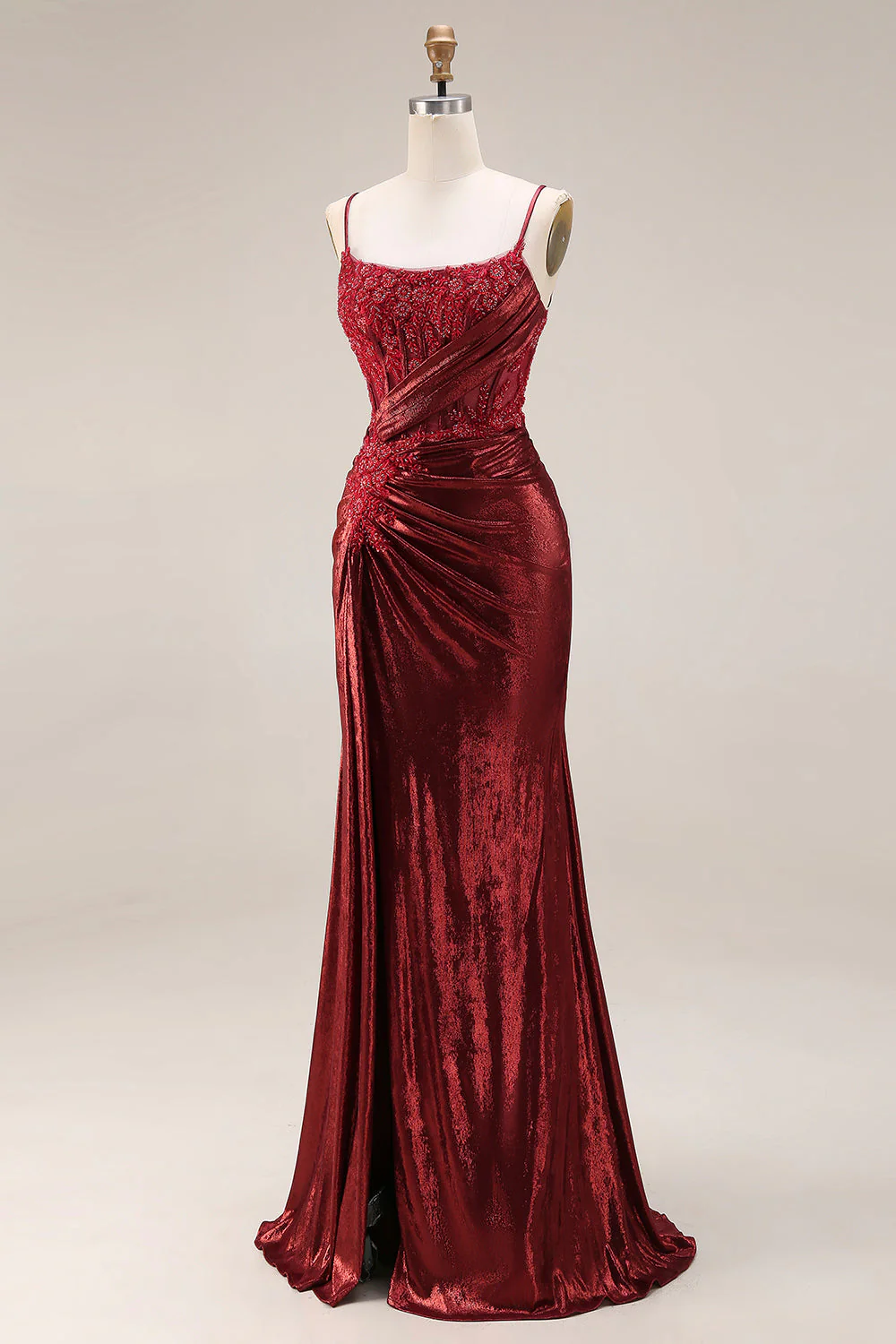 Dark Red Beaded Mermaid Ruched Lace Up Back Long Prom Dress with Slit - Image 3