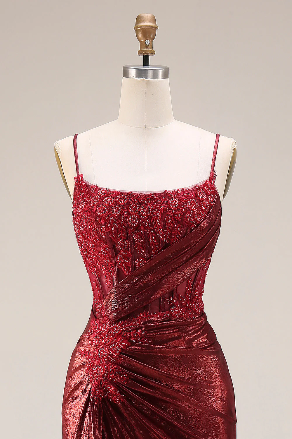 Dark Red Beaded Mermaid Ruched Lace Up Back Long Prom Dress with Slit - Image 4