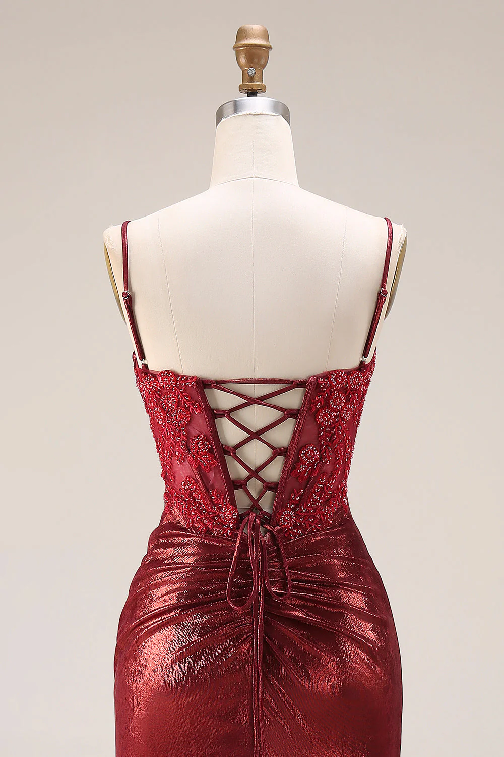 Dark Red Beaded Mermaid Ruched Lace Up Back Long Prom Dress with Slit - Image 5