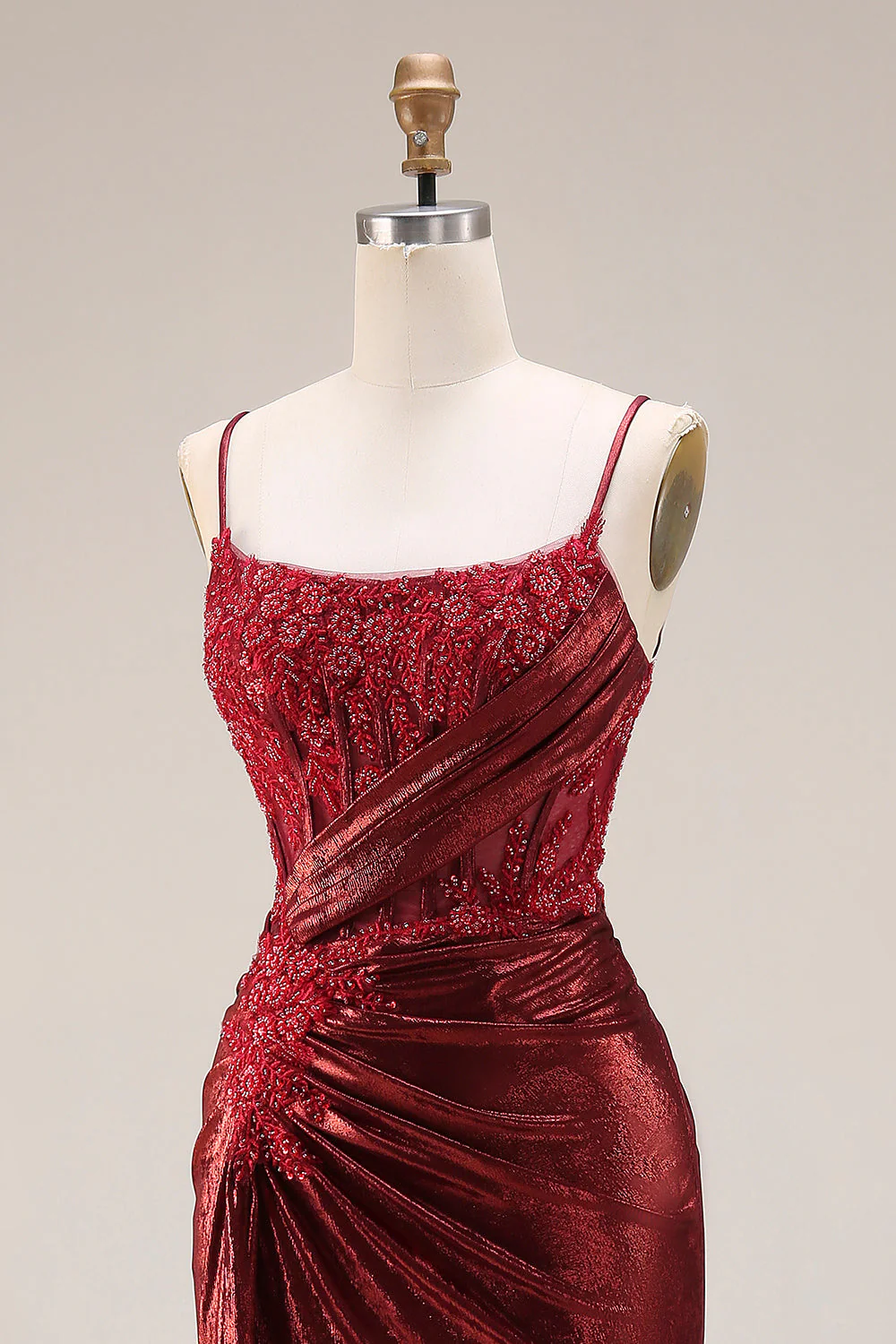 Dark Red Beaded Mermaid Ruched Lace Up Back Long Prom Dress with Slit - Image 6