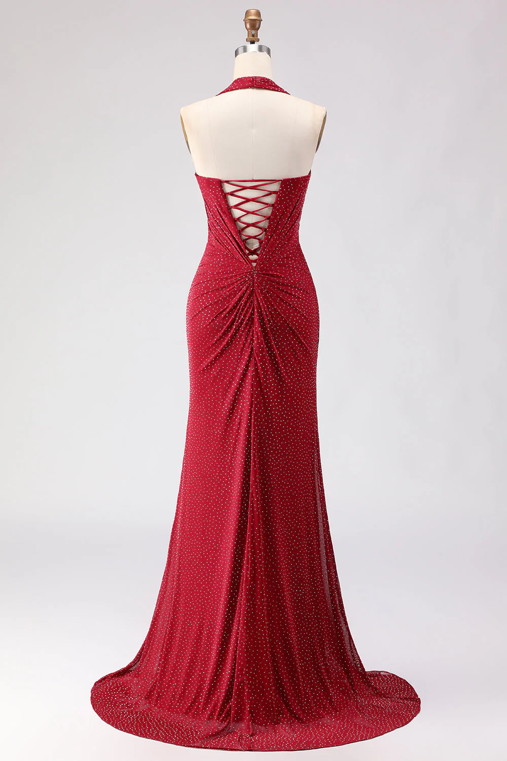 Dark Red Halter Beaded Mermaid Lace Up Back Long Prom Dress with Slit - Image 2
