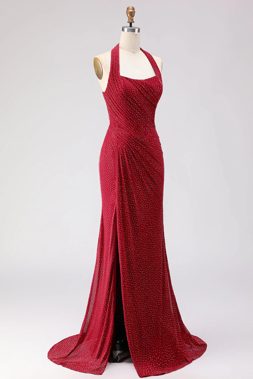 Dark Red Halter Beaded Mermaid Lace Up Back Long Prom Dress with Slit - Image 3