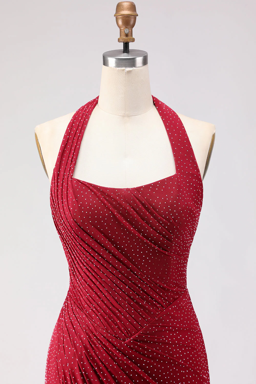 Dark Red Halter Beaded Mermaid Lace Up Back Long Prom Dress with Slit - Image 4